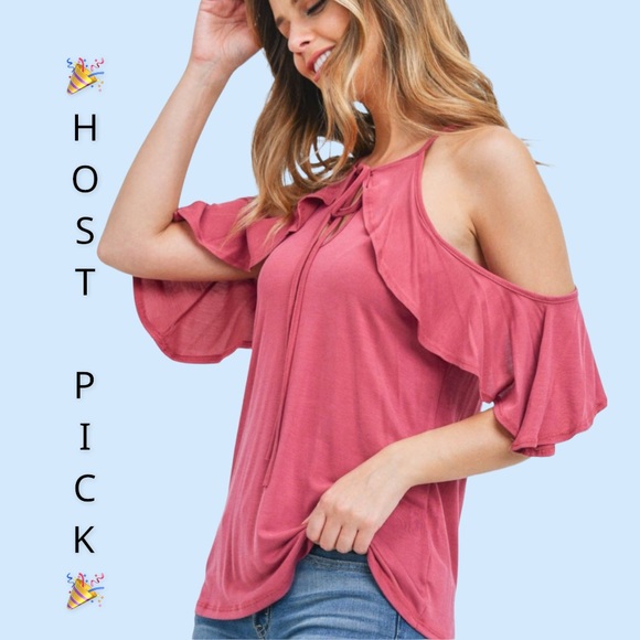 Tops - ❌DONATED❌Rose Pink Tie Neck Cold Shoulder Ruffle Sleeve Top